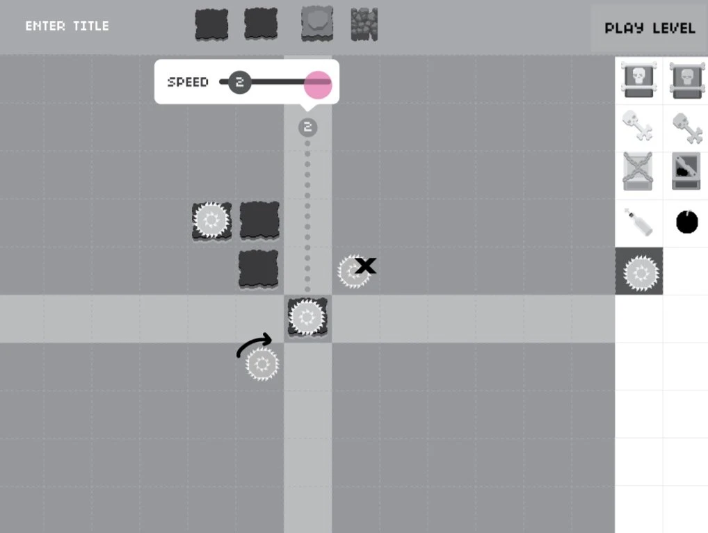Low-fidelity grayscale prototype of the level builder UI