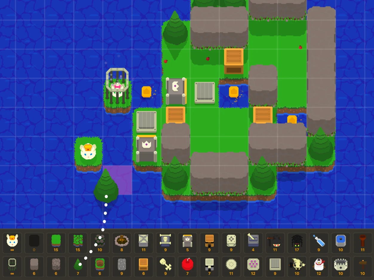 Final level builder UI with a full palette of free building items
